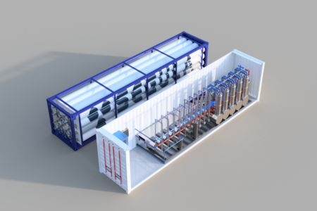 Contenedor estándar de 40 pies (longitud 12 m - anchura 2,4 m - altura 2,5 m) utilizado por REMORA Stack para el almacenamiento masivo de energía renovable. SEGULA Technologies