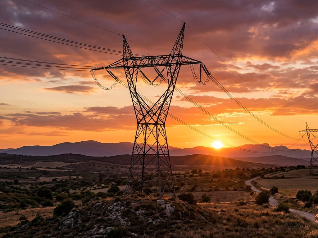 torres de alta tensión al atardecer,